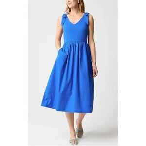 J. Crew Women's Bow Strap Knit Mixed Media Dress Blue Midi Dress Pockets Small